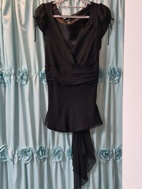 Ideology Black Silk Chiffon V neck Tie Flowy Blouse Sz XL